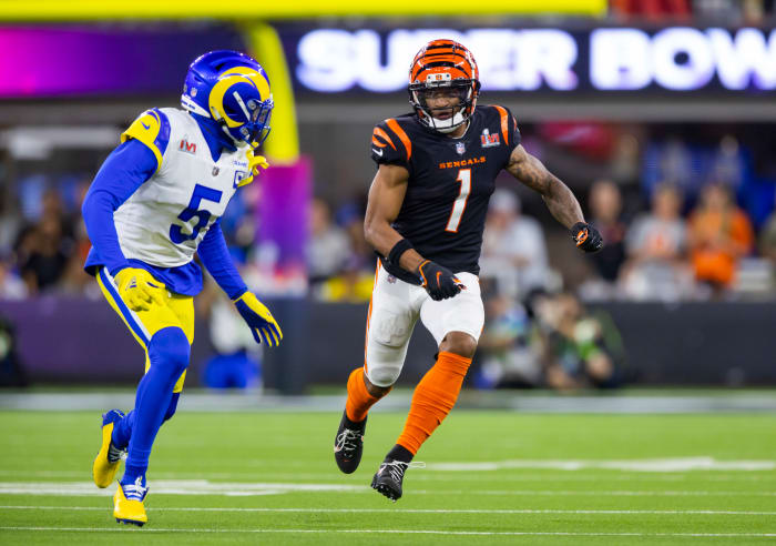 Feb 13, 2022; Inglewood, CA, USA; Los Angeles Rams cornerback Jalen Ramsey (5) defends against Cincinnati Bengals wide receiver Ja'Marr Chase (1) during Super Bowl LVI at SoFi Stadium. Mandatory Credit: Mark J. Rebilas-USA TODAY Sports